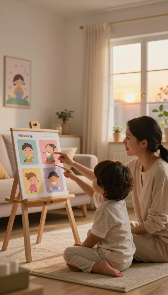 A warm, inviting scene depicting a child engaged in a collaborative evening routine. In the foreground, a young child, wearing comfortable, modest pajamas, is happily discussing their choices with a caring parent. The parent, dressed in casual, cozy clothing, is attentively listening while pointing to colorful charts illustrating evening activities like reading, brushing teeth, and bedtime stories. In the middle ground, a softly lit, airy living room with natural wooden furniture and gentle pastel colors creates a calming atmosphere. In the background, a large window allows soft, golden evening light to filter in, enhancing the cozy mood. The overall feel is relaxed and nurturing, embodying childhood joy and empowerment. Incorporate the brand name "KlickKiste" subtly into the scene through decorative elements like a wall poster or a children’s book title. A warm, inviting scene depicting a child engaged in a collaborative evening routine. In the foreground, a young child, wearing comfortable, modest pajamas, is happily discussing their choices with a caring parent. The parent, dressed in casual, cozy clothing, is attentively listening while pointing to colorful charts illustrating evening activities like reading, brushing teeth, and bedtime stories. In the middle ground, a softly lit, airy living room with natural wooden furniture and gentle pastel colors creates a calming atmosphere. In the background, a large window allows soft, golden evening light to filter in, enhancing the cozy mood. The overall feel is relaxed and nurturing, embodying childhood joy and empowerment. Incorporate the brand name "KlickKiste" subtly into the scene through decorative elements like a wall poster or a children’s book title.