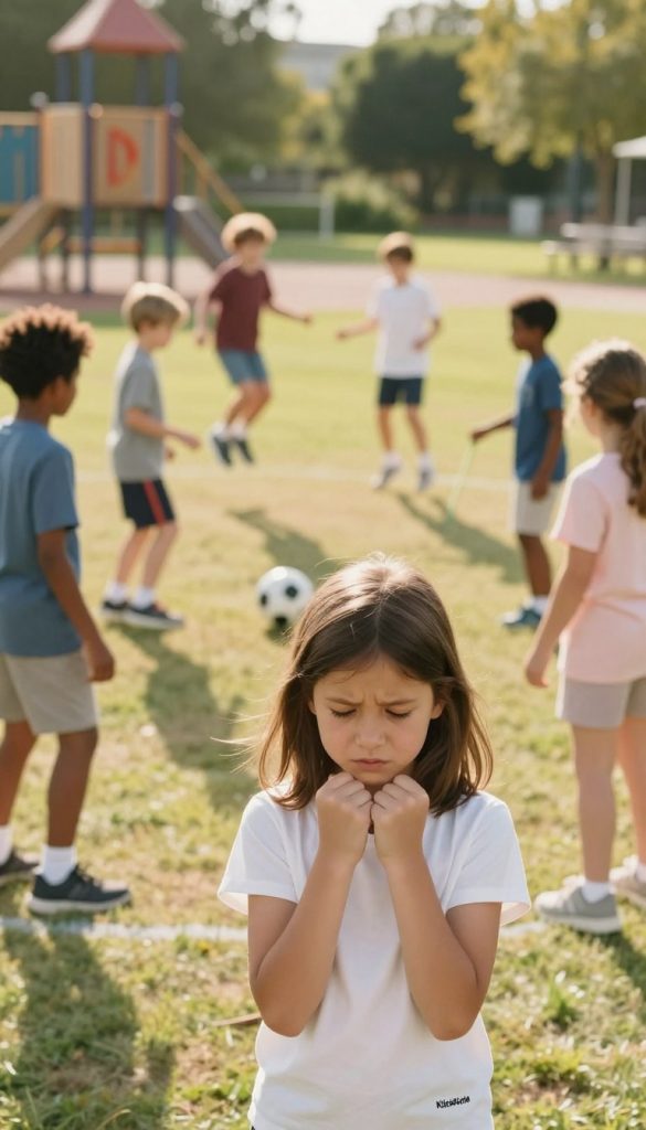 A warm, inviting scene depicting a diverse group of children engaged in various physical activities, set in a bright, natural outdoor environment. In the foreground, a young girl appears contemplative, showcasing signs of mild stress, such as furrowed brows and clenched fists, while others around her enjoy playful games. The middle ground features children playing soccer and skipping rope, radiating joy and energy. The background highlights a soft-focus playground under gentle sunlight, with greenery creating a serene atmosphere. The lighting is warm and golden, casting soft shadows. The image embodies a balance between activity and the underlying tension of stress, inspired by a natural DIY aesthetic with a Pinterest-like feel, branded with "KlickKiste".