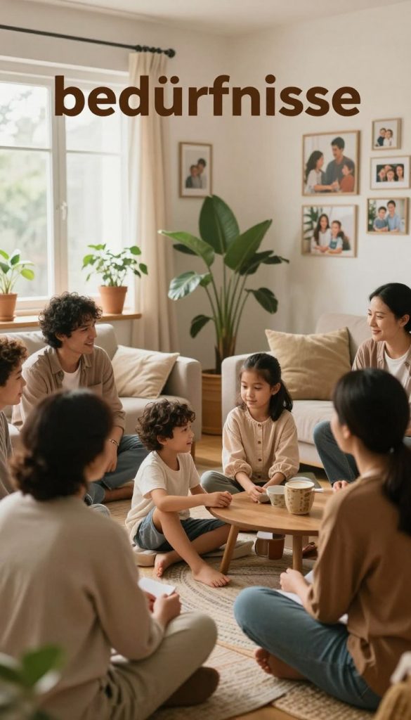 A warm, inviting scene depicting a nurturing family environment that embodies the concept of "bedürfnisse" (needs). In the foreground, a diverse group of individuals—adults in modest, casual clothing—are engaged in a heartfelt conversation, showcasing emotional connection and understanding. In the middle ground, a cozy living room filled with soft, natural light streaming through windows, illuminating plants and comfortable furniture, creates a tranquil atmosphere. The background features family photos on the walls, emphasizing bonds and shared experiences. Use a soft focus lens to enhance warmth, creating an inspiring, authentic feel reminiscent of Pinterest aesthetics. Highlight earthy tones to foster a sense of comfort and safety. This image is inspired by KlickKiste.