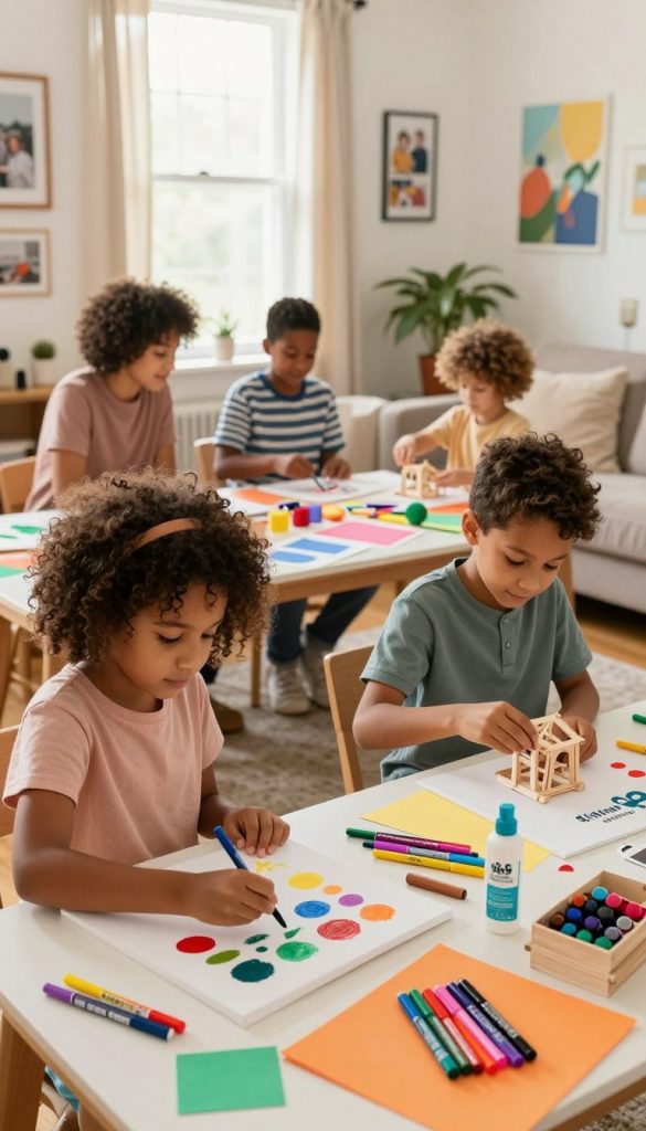A warm, inviting scene featuring a diverse group of children engaging in a creative DIY project in a cozy, sunlit living room. In the foreground, a young girl with curly hair uses colorful paints on a canvas, while a boy next to her builds a small wooden model, both wearing comfortable casual clothes. In the middle, a table is filled with art supplies—markers, glue, and paper, showcasing a blend of colors and textures. The background reveals a window with soft curtains letting in natural light, illuminating family photos and inspirational artwork on the walls. The atmosphere exudes joy and creativity, with a homely feel reminiscent of Pinterest aesthetics. A playful sense of collaboration is highlighted, capturing the essence of fun family projects. The brand name "KlickKiste" subtly integrated into the decor, enhancing the overall cozy vibe.