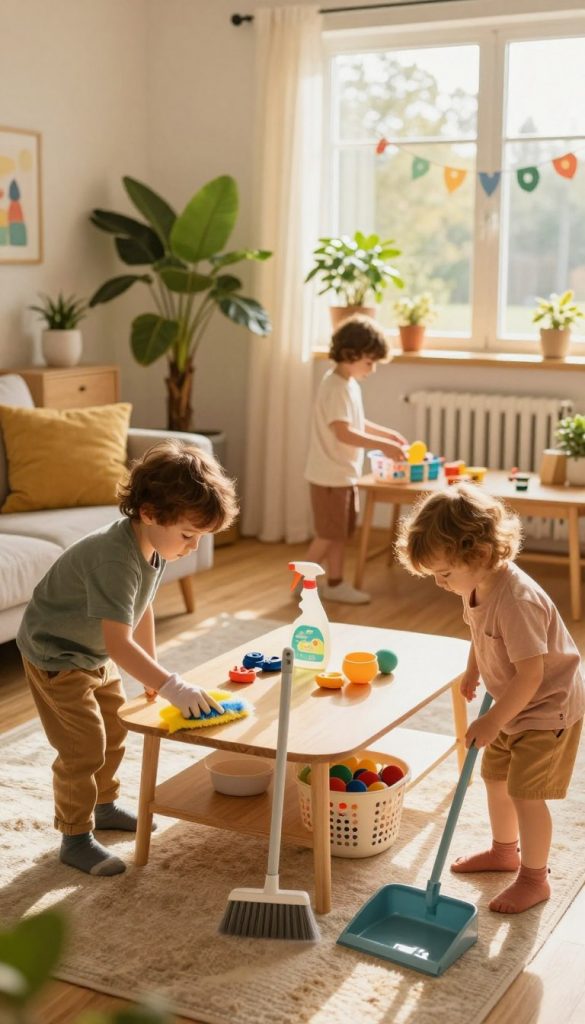 A warm, inviting scene featuring children engaging in age-appropriate cleaning tasks around a cozy living room. In the foreground, two children—wearing modest, colorful clothing—are joyfully dusting low furniture, while another child sorts toys into a basket. The middle features an array of cleaning supplies, like a small broom and dustpan, arranged neatly. In the background, a sunlit window casts soft, golden light into the room, revealing vibrant houseplants and playful decorations. The atmosphere is cheerful and inspiring, embodying a DIY aesthetic with natural, warm colors. This scene represents the concept of "kinder aufgaben" effectively. The brand "KlickKiste" is subtly evoked in the playful, child-friendly design elements throughout the image.