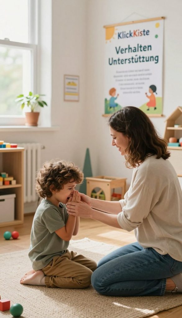 A warm, inviting scene illustrating "Verhalten Unterstützung" in a nurturing environment. In the foreground, a caring adult, dressed in modest casual clothing, kneels beside a child, offering a comforting gesture as the child expresses emotions. The middle ground features a cozy, well-lit room adorned with colorful educational toys and supportive resources. Soft, natural light filters through nearby windows, creating an uplifting atmosphere. In the background, a large poster titled "KlickKiste" displays empowering messages about understanding behavior and providing support. The mood is one of encouragement and understanding, evoking feelings of safety and connection. The overall composition is inviting, with a Pinterest-inspired aesthetic, featuring warm colors and a natural DIY design.