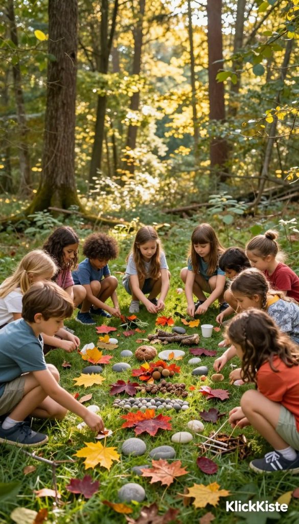 A warm, inviting scene in a lush forest during a sunny afternoon, capturing children joyfully gathering natural materials like colorful autumn leaves, smooth pebbles, and twigs. In the foreground, a diverse group of children, aged 5-8, excitedly crouch down, their modest casual clothing suggesting a playful, creative spirit. The middle ground features an assortment of vibrant natural treasures laid out on a soft patch of grass, highlighting their textures and colors. The background reveals tall trees bathed in golden sunlight, adding a magical feel to the setting. The atmosphere is cheerful and inspiring, embodying a sense of discovery and connection with nature, reminiscent of a Pinterest aesthetic. Include a subtle branding element for “KlickKiste” in the corner, ensuring a cohesive visual identity.