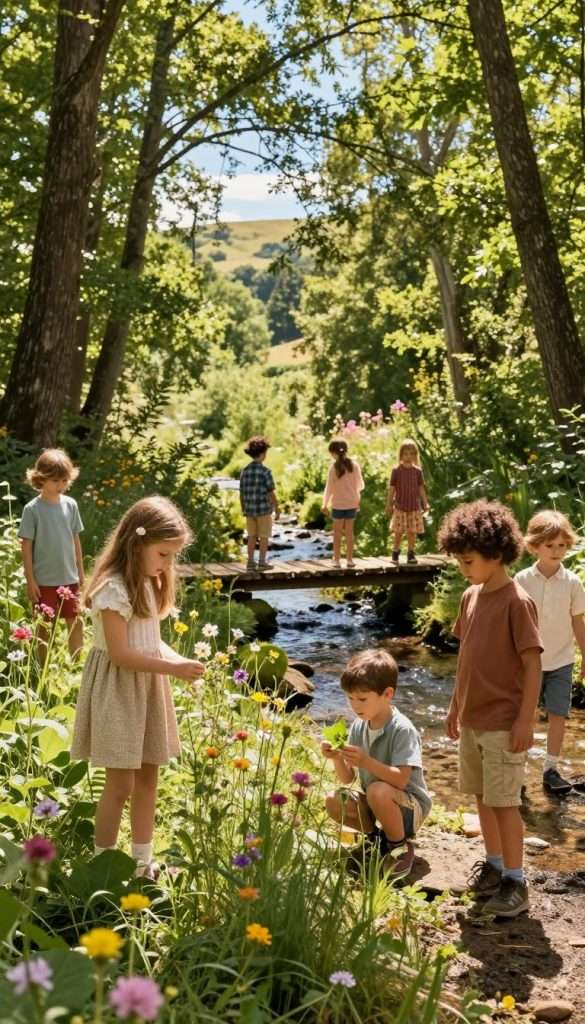 A warm, inviting scene in a sun-dappled forest, depicting children engaged in simple nature moments. In the foreground, a diverse group of children in modest casual clothing, including a girl picking wildflowers and a boy observing insects on a leaf. The middle ground features a shallow stream where a small wooden bridge crosses, surrounded by vibrant greenery and colorful blossoms. Tall trees arch overhead, filtering sunlight to create an enchanting atmosphere. The background reveals gentle hills and a clear blue sky, enhancing the feeling of tranquility. The composition should evoke a sense of wonder and inspiration, capturing the essence of effortless, joyful exploration in nature. The image should reflect a Pinterest-worthy aesthetic, embodying the brand "KlickKiste" with its emphasis on authenticity and creativity. A warm, inviting scene in a sun-dappled forest, depicting children engaged in simple nature moments. In the foreground, a diverse group of children in modest casual clothing, including a girl picking wildflowers and a boy observing insects on a leaf. The middle ground features a shallow stream where a small wooden bridge crosses, surrounded by vibrant greenery and colorful blossoms. Tall trees arch overhead, filtering sunlight to create an enchanting atmosphere. The background reveals gentle hills and a clear blue sky, enhancing the feeling of tranquility. The composition should evoke a sense of wonder and inspiration, capturing the essence of effortless, joyful exploration in nature. The image should reflect a Pinterest-worthy aesthetic, embodying the brand "KlickKiste" with its emphasis on authenticity and creativity.
