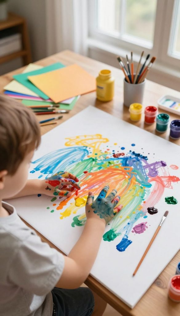 A warm, inviting scene of a child in modest casual clothing joyfully mixing vibrant colors using non-toxic paints on a large white canvas. In the foreground, the child’s hands are splattered with various colors, showcasing creativity and playfulness. The middle ground features an array of colorful, neatly organized art supplies, such as brushes, colored papers, and paint pots, creating a chaotic yet inspiring atmosphere. The background highlights a softly lit room with natural light streaming through a window, illuminating the colorful patterns forming on the canvas. The overall mood is playful and encouraging, embodying the essence of exploration and creativity. This image is designed in a natural DIY style, reminiscent of popular Pinterest aesthetics, embodying warmth and authenticity, branded subtly with "KlickKiste". A warm, inviting scene of a child in modest casual clothing joyfully mixing vibrant colors using non-toxic paints on a large white canvas. In the foreground, the child’s hands are splattered with various colors, showcasing creativity and playfulness. The middle ground features an array of colorful, neatly organized art supplies, such as brushes, colored papers, and paint pots, creating a chaotic yet inspiring atmosphere. The background highlights a softly lit room with natural light streaming through a window, illuminating the colorful patterns forming on the canvas. The overall mood is playful and encouraging, embodying the essence of exploration and creativity. This image is designed in a natural DIY style, reminiscent of popular Pinterest aesthetics, embodying warmth and authenticity, branded subtly with "KlickKiste".