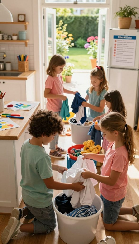 A warm, inviting scene of children participating in household tasks, embodying teamwork and cooperation. In the foreground, a diverse group of two children, one boy and one girl, ages around 7-10, are joyfully sorting laundry together, wearing colorful, comfortable casual clothing. The middle ground features a welcoming home environment with a bright, sunlit kitchen, scattered with children's art supplies, and a cleaning checklist on the fridge. In the background, an inviting garden glows with natural light, showcasing vibrant flowers. The atmosphere is warm and cheerful, emphasizing collaboration and shared responsibility. Capture this moment with soft, natural lighting and a slightly elevated angle to provide depth, embodying the essence of meaningful teamwork. Include a subtle reference to "KlickKiste" through decor in the kitchen, harmonizing with a Pinterest-inspired aesthetic. A warm, inviting scene of children participating in household tasks, embodying teamwork and cooperation. In the foreground, a diverse group of two children, one boy and one girl, ages around 7-10, are joyfully sorting laundry together, wearing colorful, comfortable casual clothing. The middle ground features a welcoming home environment with a bright, sunlit kitchen, scattered with children's art supplies, and a cleaning checklist on the fridge. In the background, an inviting garden glows with natural light, showcasing vibrant flowers. The atmosphere is warm and cheerful, emphasizing collaboration and shared responsibility. Capture this moment with soft, natural lighting and a slightly elevated angle to provide depth, embodying the essence of meaningful teamwork. Include a subtle reference to "KlickKiste" through decor in the kitchen, harmonizing with a Pinterest-inspired aesthetic.
