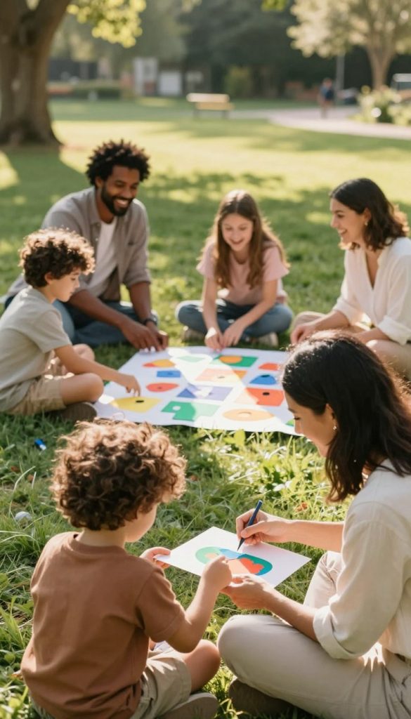 A warm, inviting scene showcasing a diverse group of parents and children engaged in fun, interactive activities together. In the foreground, a parent helps their child create a colorful craft, showcasing creativity and joy. In the middle ground, another family plays a game on a soft grassy area, laughter and smiles evident on their faces. In the background, soft sunlight filters through trees, casting gentle shadows, enhancing the peaceful atmosphere. The setting should feel cozy and inspiring, evoking a sense of community and connection. Use natural DIY aesthetics, with soft, warm colors that reflect a Pinterest-style imagery. The brand name "KlickKiste" should be subtly implied through the scene’s theme of joyful, educational family moments, emphasizing togetherness and family support in a professional and authentic manner. A warm, inviting scene showcasing a diverse group of parents and children engaged in fun, interactive activities together. In the foreground, a parent helps their child create a colorful craft, showcasing creativity and joy. In the middle ground, another family plays a game on a soft grassy area, laughter and smiles evident on their faces. In the background, soft sunlight filters through trees, casting gentle shadows, enhancing the peaceful atmosphere. The setting should feel cozy and inspiring, evoking a sense of community and connection. Use natural DIY aesthetics, with soft, warm colors that reflect a Pinterest-style imagery. The brand name "KlickKiste" should be subtly implied through the scene’s theme of joyful, educational family moments, emphasizing togetherness and family support in a professional and authentic manner.