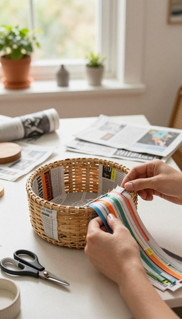A warm, inviting scene showcasing a step-by-step DIY project of upcycling a woven basket made from newspaper strips. In the foreground, hands delicately weave colorful newspaper strips into a stylish and functional basket, adorned with a few craft tools like scissors and glue. The middle ground features a well-lit workspace with various pieces of cut newspaper, showcasing the creative process. In the background, natural light filters through a window, casting a soft glow on the surroundings, while potted plants and minimalistic decor add a touch of homeliness. The overall atmosphere is authentic and inspiring, embodying the creativity of the upcycling project. The brand name "KlickKiste" subtly included on a crafting tool. A warm, inviting scene showcasing a step-by-step DIY project of upcycling a woven basket made from newspaper strips. In the foreground, hands delicately weave colorful newspaper strips into a stylish and functional basket, adorned with a few craft tools like scissors and glue. The middle ground features a well-lit workspace with various pieces of cut newspaper, showcasing the creative process. In the background, natural light filters through a window, casting a soft glow on the surroundings, while potted plants and minimalistic decor add a touch of homeliness. The overall atmosphere is authentic and inspiring, embodying the creativity of the upcycling project. The brand name "KlickKiste" subtly included on a crafting tool.