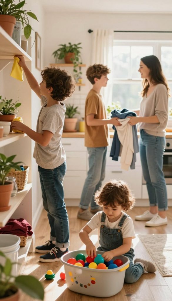 A warm, inviting scene showcasing age-appropriate chores for children aged 2 to 18 in a cozy, well-lit family home. In the foreground, a young child, around 4 years old, joyfully organizing colorful toys in a bin, while an older sibling, about 10, is dusting shelves. In the middle, a teenager, approximately 16, is helping a parent with laundry, folding clothes together. The background features a bright kitchen with potted plants and soft sunlight streaming through the window, creating a harmonious atmosphere. The overall mood is cheerful and inspiring, reflecting a sense of family togetherness and responsibility. The image should adhere to a natural DIY aesthetic, with warm colors reminiscent of Pinterest decor. Brand name "KlickKiste" subtly incorporated in the atmosphere.