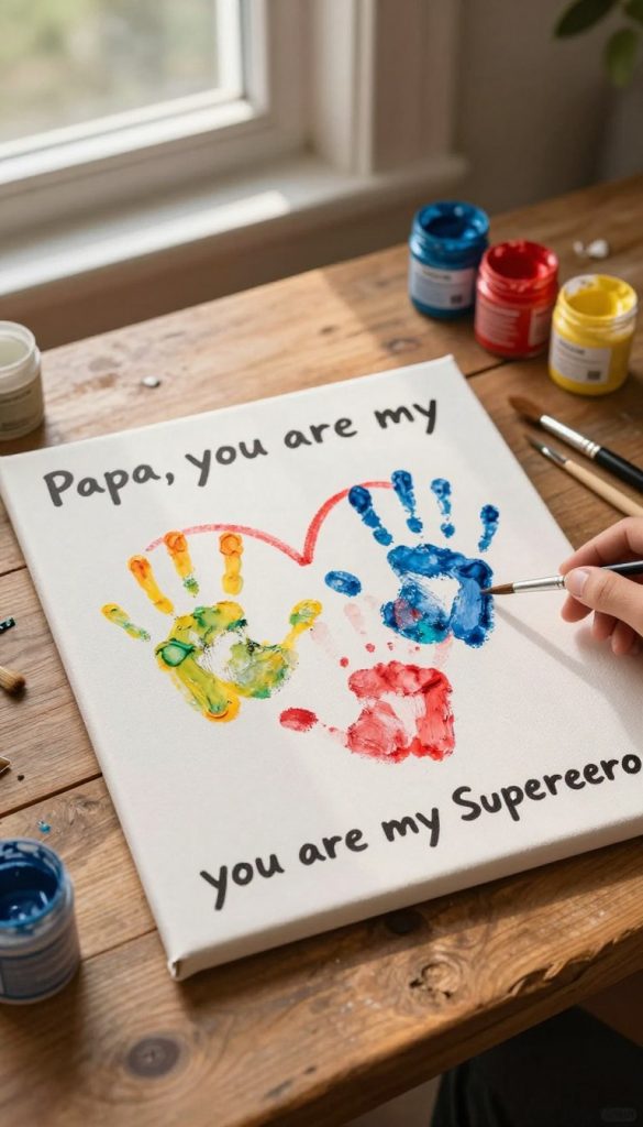 A warm-toned, inspirational image of a handmade canvas art piece showcasing colorful handprints forming a heart shape, with a few artistic foot prints around them. The canvas is placed on a rustic wooden table, surrounded by craft supplies like paintbrushes and vibrant paint colors. Light streams in softly from a nearby window, casting gentle shadows and highlighting the textures of the canvas. The composition evokes a loving and creative atmosphere, perfect for showcasing the theme of "Papa, you are my superhero". The scene should be arranged aesthetically to create a DIY vibe reminiscent of Pinterest aesthetics. Brand name "KlickKiste" should be subtly referenced in the overall design while ensuring no text is visible in the image.