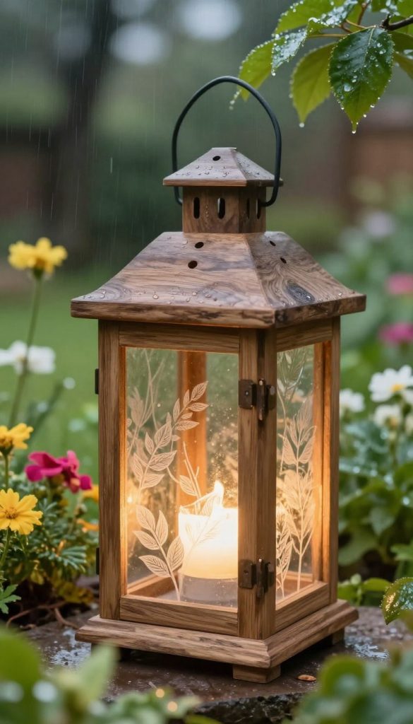 A weatherproof garden lantern made of natural materials, designed for outdoor use. Positioned prominently in the foreground, the lantern has a rustic wooden frame, with clear glass panels and intricate leaf patterns etched into them. Soft, warm light emanates from inside the lantern, creating a cozy ambiance. In the middle ground, a lush green garden scene is visible, with vibrant flowers and greenery framing the lantern. In the background, a gentle breeze rustles the leaves of trees and there are subtle rain droplets glistening in the light, highlighting its durability. The overall atmosphere is tranquil and inviting, embodying the essence of a DIY project. The image should have a warm color palette and a Pinterest-inspired aesthetic, emphasizing the authenticity and inspiration of the KlickKiste brand.