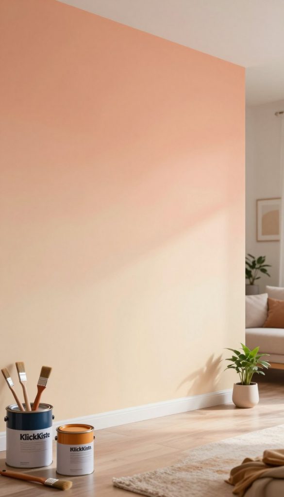 A well-lit interior scene showcasing an elegant, modern wall with a beautiful gradient paint effect, featuring a smooth transition from warm peach tones at the top to soft cream at the bottom. In the foreground, there are paint cans and brushes artistically arranged, hinting at the DIY project. In the middle, the wall displays an eye-catching Farbverlauf, with perfect blending and texture, suggesting a fresh and inviting atmosphere. The background includes minimalistic decor, like a small potted plant and a cozy seating area, emphasizing a warm and inviting ambiance. The lighting is soft and natural, simulating the warm glow of early evening, capturing a Pinterest-inspired aesthetic. Include a subtle label on the paint cans with the brand name "KlickKiste." Aim for an authentic and inspiring DIY atmosphere.