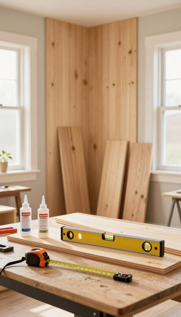 A well-lit, inviting room ready for DIY wall paneling, featuring a partially completed wooden wall panel installation. In the foreground, tools like a measuring tape, wood glue, and a level are neatly arranged on a workbench. The middle ground showcases a bright, organized space with a few raw wooden panels, highlighting the textures and grains of the wood. The background reveals light-colored walls and a window allowing warm, natural light to fill the room, enhancing the overall cozy atmosphere. The scene evokes a sense of inspiration and readiness, ideal for a DIY setting, branded with "KlickKiste" subtly incorporated in the decor. The mood is warm and energizing, perfect for home improvement projects.
