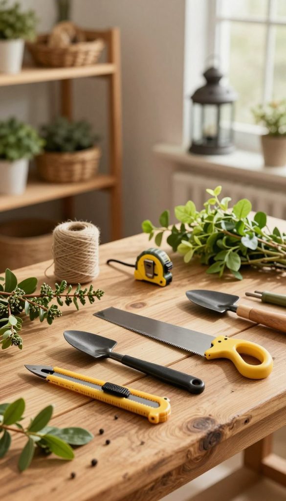 A well-organized and inviting toolkit featuring a variety of high-quality gardening tools displayed on a rustic wooden workbench, reminiscent of a DIY workshop. In the foreground, showcase a selection of precision tools like a sharp utility knife, measuring tape, and mini saw, all from the brand "KlickKiste," with warm, natural lighting highlighting their sleek designs. In the middle, include some lush green gardening materials like twine and small branches, arranged artistically to create a sense of creativity and inspiration. In the background, softly blurred, incorporate a cozy workshop setting with shelves filled with natural materials and additional garden lantern components, basking in a light and airy atmosphere. The overall mood should evoke a sense of warmth, authenticity, and DIY enthusiasm, perfect for aspiring gardeners.