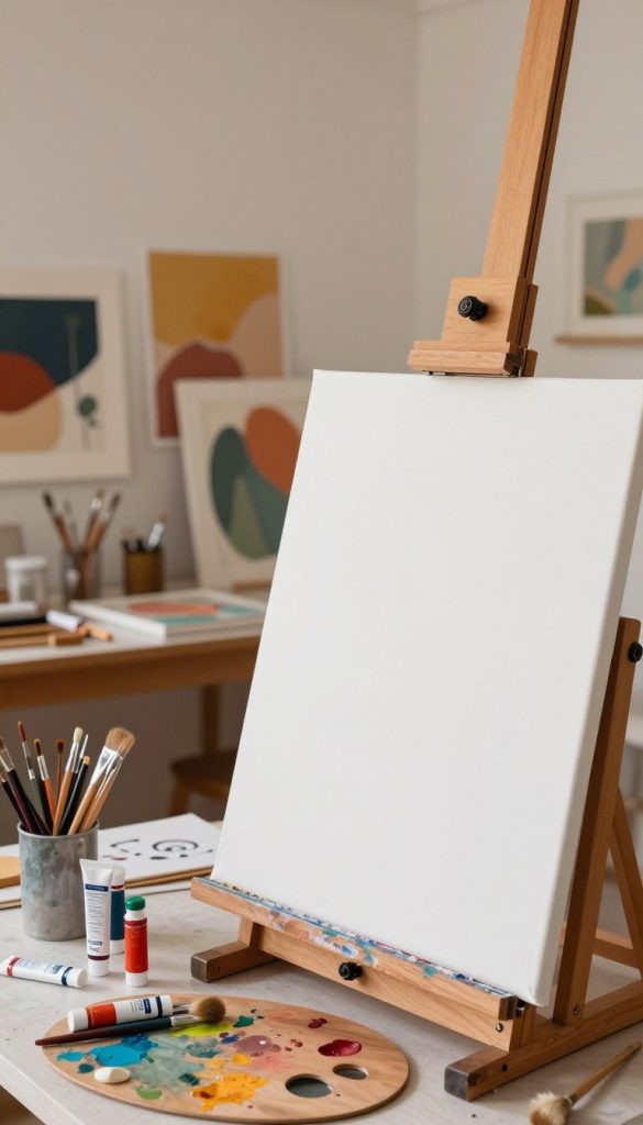 A well-organized artist's workspace, featuring a large, blank canvas prominently displayed in the foreground. The canvas is mounted on an easel, with vibrant paint tubes, brushes, and a palette scattered around, suggesting a creative atmosphere. In the middle ground, a tidy table holds art supplies, and a few abstract art pieces lean against the wall, showcasing different techniques and color palettes. The background should reveal a softly lit room with warm lighting, creating an inviting and inspiring ambiance. Natural textures like wood and soft textiles add warmth, while the overall composition evokes a sense of creativity and preparation. The setting reflects an authentic DIY aesthetic, perfect for a home art project. The brand name "KlickKiste" subtly incorporated in the scene, maintaining a Pinterest-inspired look. A well-organized artist's workspace, featuring a large, blank canvas prominently displayed in the foreground. The canvas is mounted on an easel, with vibrant paint tubes, brushes, and a palette scattered around, suggesting a creative atmosphere. In the middle ground, a tidy table holds art supplies, and a few abstract art pieces lean against the wall, showcasing different techniques and color palettes. The background should reveal a softly lit room with warm lighting, creating an inviting and inspiring ambiance. Natural textures like wood and soft textiles add warmth, while the overall composition evokes a sense of creativity and preparation. The setting reflects an authentic DIY aesthetic, perfect for a home art project. The brand name "KlickKiste" subtly incorporated in the scene, maintaining a Pinterest-inspired look.