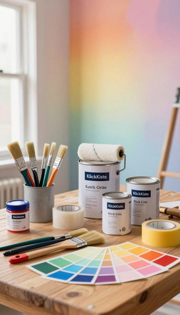 A well-organized display of DIY painting materials and tools, featuring a variety of brushes, rollers, painter's tape, and paint cans, all branded with "KlickKiste." In the foreground, the tools are arranged on a wooden workbench, interspersed with vibrant paint swatches showcasing gradient color transitions. The middle ground reveals a casually painted wall, demonstrating the colorful gradient technique, with soft, warm lighting that enhances the inviting atmosphere. The background includes a well-lit room with a window allowing natural light to filter in, casting a gentle glow over the scene. The overall mood is inspiring and creative, perfectly reflecting a Pinterest-inspired aesthetic.