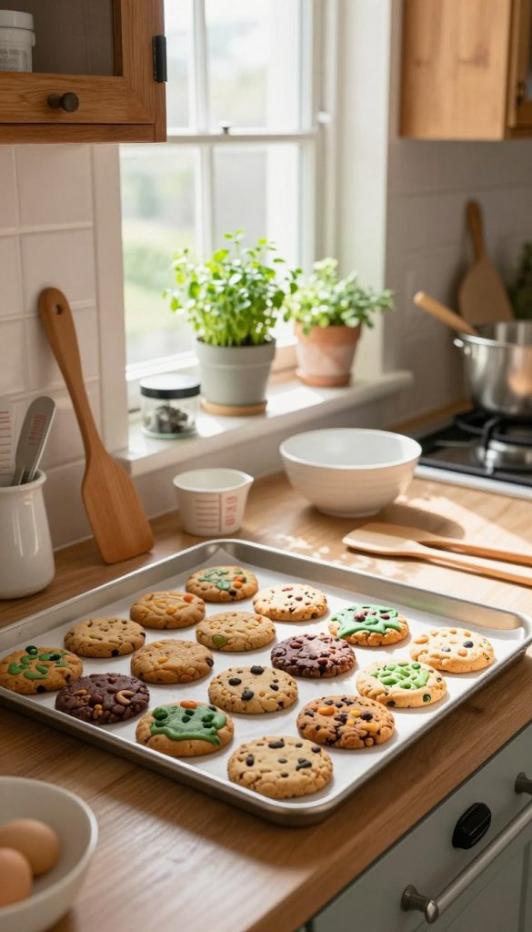 A well-organized kitchen scene showcasing a baking sheet labeled "KlickKiste" placed prominently in the foreground, covered in a delightful assortment of healthy cookies in vibrant colors. Surrounding the baking sheet, there are essential kitchen tools like spatulas, measuring cups, and mixing bowls, reflecting a cheerful atmosphere. In the middle ground, a bright window allows natural light to flood in, creating warm, inviting shadows that enhance the cozy feel. The kitchen is styled in a rustic fashion with wooden cabinets and green herbs in pots, adding to the homey charm. The overall mood is inspiring and authentic, perfect for encouraging creativity in baking. The image is taken at a slightly angled perspective to capture the inviting layout and details. A well-organized kitchen scene showcasing a baking sheet labeled "KlickKiste" placed prominently in the foreground, covered in a delightful assortment of healthy cookies in vibrant colors. Surrounding the baking sheet, there are essential kitchen tools like spatulas, measuring cups, and mixing bowls, reflecting a cheerful atmosphere. In the middle ground, a bright window allows natural light to flood in, creating warm, inviting shadows that enhance the cozy feel. The kitchen is styled in a rustic fashion with wooden cabinets and green herbs in pots, adding to the homey charm. The overall mood is inspiring and authentic, perfect for encouraging creativity in baking. The image is taken at a slightly angled perspective to capture the inviting layout and details.