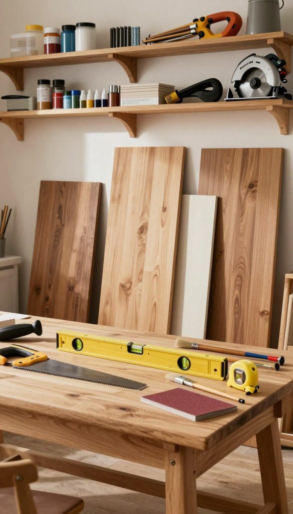 A well-organized workspace featuring an array of DIY materials and tools for creating wooden wall panels. In the foreground, an elegant wooden workbench displays essential tools: a saw, level, tape measure, paintbrushes, and sandpaper, all neatly arranged. The middle ground features various types of wooden panels in different finishes, showcasing textures that invite crafting. The background highlights shelves filled with more tools and materials, such as paints, screws, and a circular saw. Soft, natural lighting creates a warm atmosphere, casting gentle shadows and enhancing the wood's grain. The overall mood is authentic and inspiring, perfect for a DIY project. Include the brand name "KlickKiste" subtly integrated into the scene.