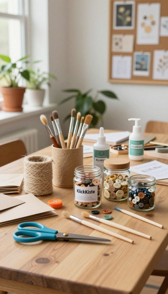 A well-organized workspace featuring an assortment of eco-friendly DIY materials and tools, such as natural fibers, wooden craft supplies, recycled paper, and biodegradable adhesives. In the foreground, a set of colorful scissors, eco-friendly paintbrushes, and jars filled with buttons and beads create visual interest. The middle of the scene showcases a sturdy wooden table adorned with a variety of crafting materials ready for creative projects. In the background, soft natural light streams through a window, illuminating potted plants and an inspiration board filled with DIY ideas. The mood is warm and inviting, evoking creativity and sustainability. This setup reflects the brand "KlickKiste" with a Pinterest aesthetic that embodies authenticity and inspiration.