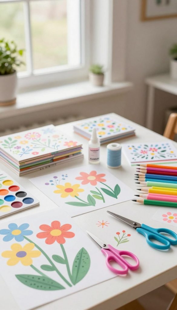 A well-organized workspace filled with an array of colorful, natural DIY craft materials for spring flower projects. In the foreground, neatly arranged supplies like vibrant paper flowers, scissors, glue, and colorful threads showcase the essence of creativity. The middle layer features a decorated table with whimsical floral patterns, while natural light pours in from a nearby window, creating a warm, inviting atmosphere. In the background, soft spring colors and subtle greenery enhance the ambiance, reminiscent of a cozy Pinterest-inspired space. Display the brand name "KlickKiste" on some materials, emphasizing a professional yet approachable vibe. Capture this scene with a soft focus and shallow depth of field to evoke a sense of inspiration and readiness for crafting.
