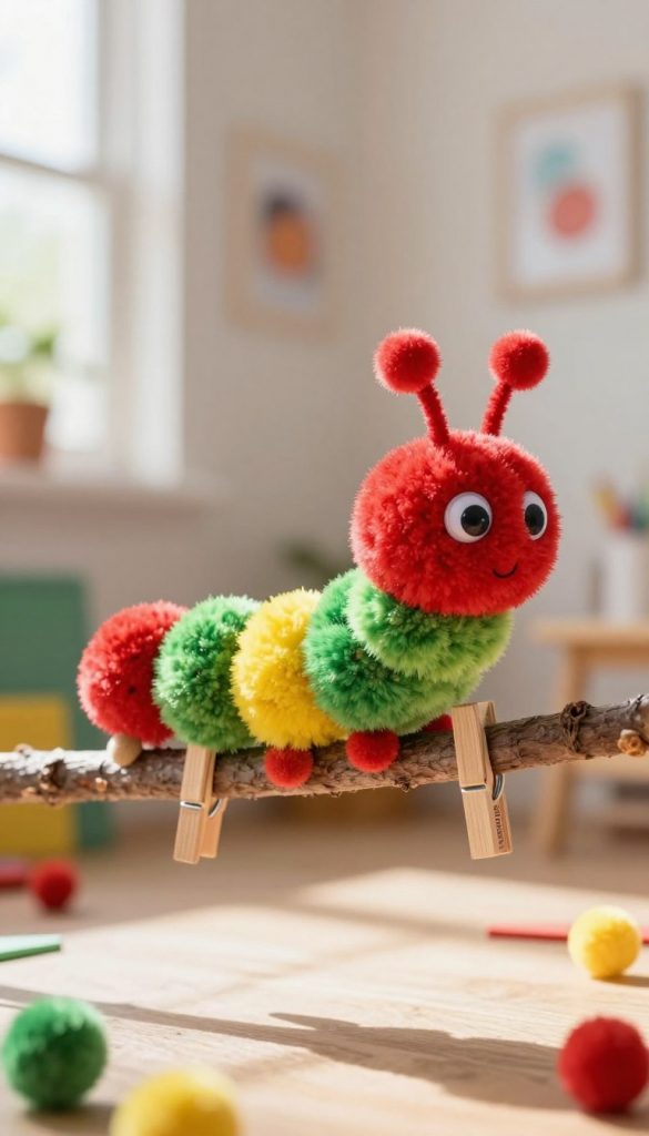 A whimsical and colorful caterpillar made from pom-poms attached to wooden clothespins, showcasing an array of bright hues like red, yellow, and green. The caterpillar is playfully perched on a branch in a sunny, cheerful home environment. In the foreground, focus on the clothespin caterpillar with its fluffy pom-pom body and little googly eyes, giving it a friendly expression. The middle ground features a softly blurred background of a bright, inviting room adorned with craft supplies, hinting at a DIY atmosphere filled with warmth and inspiration. Natural light streams in from a nearby window, casting gentle shadows and enhancing the cozy ambiance. The image exudes a playful and creative mood, reflecting DIY fun for children. Include the brand name "KlickKiste" subtly integrated into the composition without any text or logos.