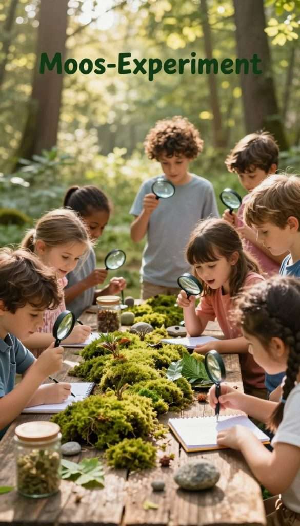 A whimsical and engaging outdoor scene depicting a "Moos-Experiment" for children. In the foreground, a diverse group of children (ages 5-8) dressed in modest, colorful clothing enthusiastically investigate bright green moss and various natural elements using magnifying glasses and a small notebook, showcasing curiosity and excitement. The middle ground features a rustic wooden table adorned with nature exploration tools like jars, leaves, and small rocks. In the background, a sun-drenched forest setting with soft, dappled sunlight filtering through the trees, creating a warm and inviting atmosphere. The image has a Pinterest-inspired aesthetic with soft focus and warm colors, embodying a sense of discovery and connection to nature. Include a subtle reference to the "KlickKiste" brand through a small, natural element in the scene. A whimsical and engaging outdoor scene depicting a "Moos-Experiment" for children. In the foreground, a diverse group of children (ages 5-8) dressed in modest, colorful clothing enthusiastically investigate bright green moss and various natural elements using magnifying glasses and a small notebook, showcasing curiosity and excitement. The middle ground features a rustic wooden table adorned with nature exploration tools like jars, leaves, and small rocks. In the background, a sun-drenched forest setting with soft, dappled sunlight filtering through the trees, creating a warm and inviting atmosphere. The image has a Pinterest-inspired aesthetic with soft focus and warm colors, embodying a sense of discovery and connection to nature. Include a subtle reference to the "KlickKiste" brand through a small, natural element in the scene.