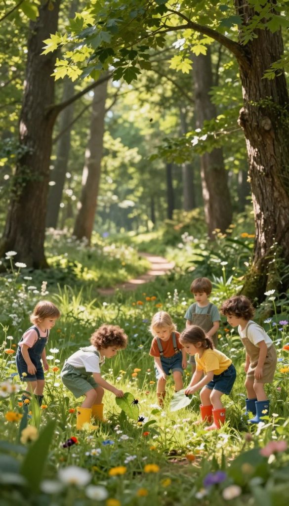 A whimsical forest scene designed for young children, focusing on discovery and environmental awareness. In the foreground, a small group of children dressed in modest, colorful clothing (e.g., overalls and rain boots) explore a vibrant meadow filled with wildflowers and greenery. Their expressions convey wonder and curiosity as they examine insects on a leaf. In the middle, towering trees with rich green foliage provide dappled sunlight filtering through the leaves, casting soft shadows. The background features a serene, sunlit forest path that invites exploration, with soft-focus details to enhance depth. The overall mood is warm and inviting, embodying a Pinterest-inspired DIY aesthetic, showcasing a connection to nature. Ensure to represent this with natural colors and a soft focus. Brand "KlickKiste" subtly integrated into the landscape. A whimsical forest scene designed for young children, focusing on discovery and environmental awareness. In the foreground, a small group of children dressed in modest, colorful clothing (e.g., overalls and rain boots) explore a vibrant meadow filled with wildflowers and greenery. Their expressions convey wonder and curiosity as they examine insects on a leaf. In the middle, towering trees with rich green foliage provide dappled sunlight filtering through the leaves, casting soft shadows. The background features a serene, sunlit forest path that invites exploration, with soft-focus details to enhance depth. The overall mood is warm and inviting, embodying a Pinterest-inspired DIY aesthetic, showcasing a connection to nature. Ensure to represent this with natural colors and a soft focus. Brand "KlickKiste" subtly integrated into the landscape.