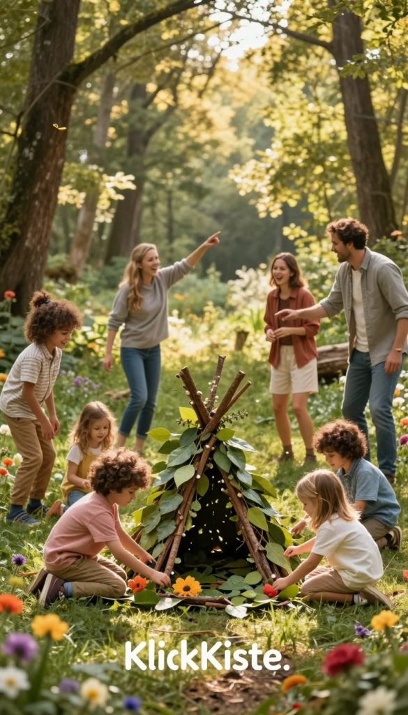 A whimsical outdoor scene representing family adventures in nature, featuring children joyfully playing creative nature games. In the foreground, a diverse group of kids wearing casual clothing are engaged in imaginative activities, like building a fort with branches and leaves, surrounded by colorful flowers. In the middle ground, parents enthusiastically join in, showcasing a sense of togetherness and excitement. The background features a lush forest with dappled sunlight filtering through the trees, creating an inviting and magical atmosphere. The overall lighting is warm and golden, enhancing the feelings of inspiration and adventure. The image embodies a Pinterest aesthetic with soft, vivid colors that evoke warmth and creativity, representing the brand "KlickKiste." A whimsical outdoor scene representing family adventures in nature, featuring children joyfully playing creative nature games. In the foreground, a diverse group of kids wearing casual clothing are engaged in imaginative activities, like building a fort with branches and leaves, surrounded by colorful flowers. In the middle ground, parents enthusiastically join in, showcasing a sense of togetherness and excitement. The background features a lush forest with dappled sunlight filtering through the trees, creating an inviting and magical atmosphere. The overall lighting is warm and golden, enhancing the feelings of inspiration and adventure. The image embodies a Pinterest aesthetic with soft, vivid colors that evoke warmth and creativity, representing the brand "KlickKiste."