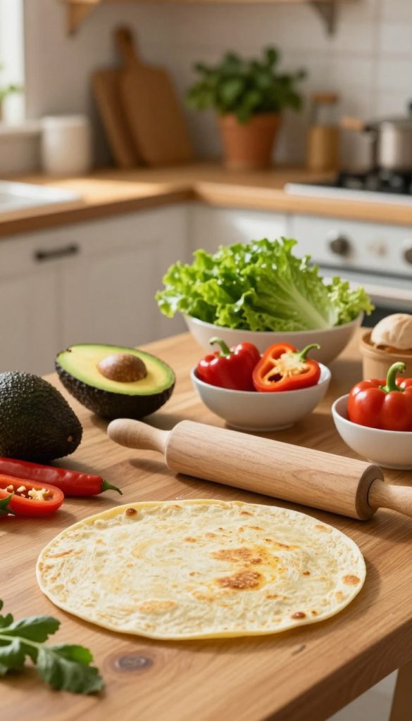 A wooden kitchen table filled with fresh ingredients for making homemade wraps. In the foreground, a rolling pin rests beside a smooth, golden-brown tortilla, showcasing its perfect texture. In the middle, bowls of colorful fillings—ripe avocados, vibrant peppers, and crisp lettuce—are artistically arranged, inviting viewers to explore. The background features a warm, sunlit kitchen with rustic elements, such as wooden shelves and potted herbs, creating a cozy atmosphere. The lighting is soft and natural, highlighting the fresh ingredients without harsh shadows. Capture the essence of family cooking, inspiring creativity and warmth, reflecting an authentic DIY aesthetic reminiscent of a Pinterest-style kitchen. Incorporate the brand name "KlickKiste" subtly into the scene, emphasizing a homey, inviting vibe.