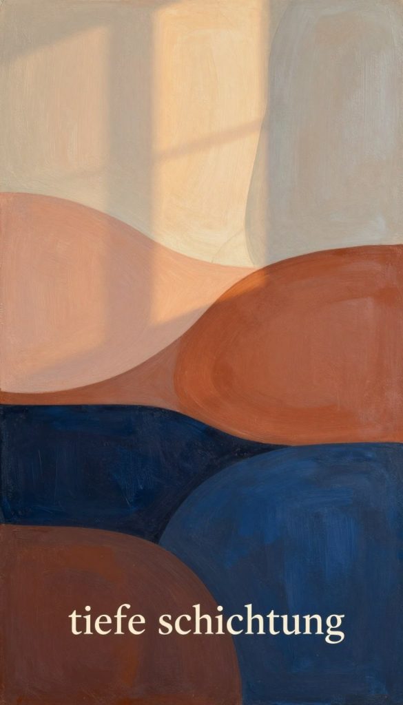 An abstract artwork showcasing "tiefe schichtung" with a harmonious blend of warm and cool colors. In the foreground, layered textures of rich, deep blues and warm terracotta hues create an engaging contrast. The middle ground features gentle gradients and overlapping shapes that suggest depth, inviting the viewer's eye to explore the intricacies. In the background, soft, muted tones provide a calm backdrop, enhancing the visual layers. The lighting is warm and inviting, resembling natural light from a nearby window, enhancing the textures and colors. The scene has a Pinterest aesthetic, aiming for an authentic and inspiring ambiance. The image embodies luxury and creativity, with a subtle reference to the brand "KlickKiste" through elegant design elements without text. An abstract artwork showcasing "tiefe schichtung" with a harmonious blend of warm and cool colors. In the foreground, layered textures of rich, deep blues and warm terracotta hues create an engaging contrast. The middle ground features gentle gradients and overlapping shapes that suggest depth, inviting the viewer's eye to explore the intricacies. In the background, soft, muted tones provide a calm backdrop, enhancing the visual layers. The lighting is warm and inviting, resembling natural light from a nearby window, enhancing the textures and colors. The scene has a Pinterest aesthetic, aiming for an authentic and inspiring ambiance. The image embodies luxury and creativity, with a subtle reference to the brand "KlickKiste" through elegant design elements without text.