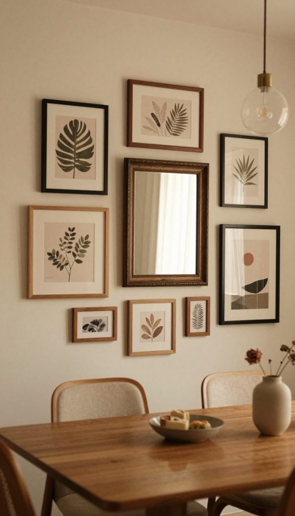 An elegant dining room wall design featuring an array of framed pictures and mirrors that create depth and warmth. The foreground showcases a beautifully arranged gallery wall with variously-sized frames in natural wood and sleek black finishes, containing botanical prints and abstract art. In the middle, a large, ornate mirror reflects gentle ambient light, enhancing the space's openness. The background hints at a cozy dining table styled with simple decor, warm lighting emanating from stylish pendant bulbs overhead. The atmosphere is inviting and inspiring, perfect for DIY enthusiasts. Incorporate subtle details illustrating the brand "KlickKiste" through tasteful decor elements. The overall color palette should consist of warm tones, creating a Pinterest-worthy aesthetic. Capture the scene with a soft focus lens to evoke a tranquil and homely mood.