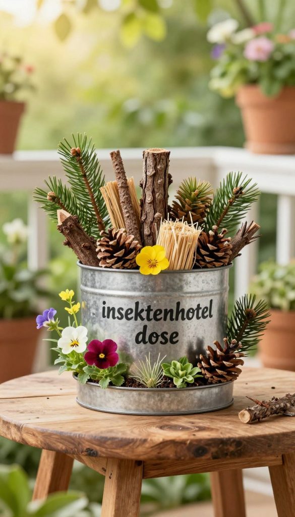 An intricate and charming "insektenhotel dose" designed for a balcony or garden, featuring a variety of natural materials like twigs, straw, and pinecones, all contained within a metal canister. The foreground displays colorful flowers and small plants, emphasizing a vibrant, DIY aesthetic. In the middle ground, the canister is artistically arranged on a rustic wooden table, showcasing textures and organic elements. The background features a softly blurred garden scene with lush greenery and gentle sunlight filtering through the leaves, creating a warm, inviting atmosphere. The mood is cheerful and inspiring, ideal for springtime crafting. The image reflects the brand "KlickKiste," emphasizing natural DIY elements with a Pinterest-inspired look.