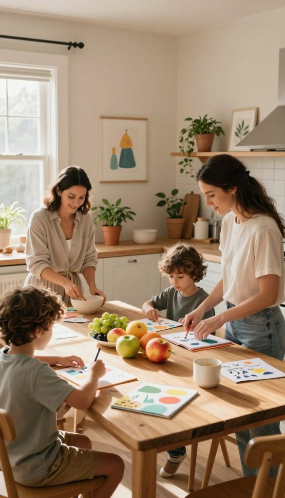 An inviting family kitchen scene filled with warm, natural light streaming through a window, casting soft shadows. In the foreground, a family of four—parents in modest casual clothing and children engaged in a playful yet structured routine, like preparing a simple meal together or organizing their day with colorful planners. The middle ground features a wooden dining table adorned with fresh fruits and simple home-made crafts, symbolizing mindfulness and creativity. In the background, calming pastel-colored walls display inspiring artwork and potted plants, creating a serene and nurturing atmosphere. The overall mood is relaxed and harmonious, promoting a sense of togetherness and mindfulness. Incorporate subtle branding elements of "KlickKiste" within the decor.