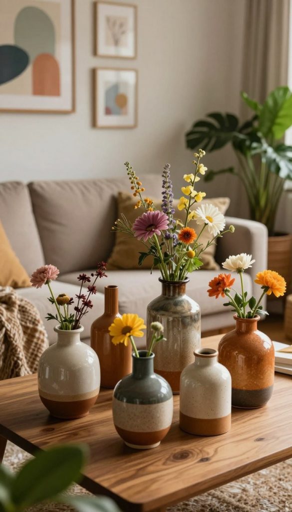 An inviting interior setting featuring beautifully arranged decorative vases on a wooden table, embodying the essence of natural DIY aesthetics. In the foreground, a collection of ceramic and glass vases with textured surfaces and warm, earthy colors, each holding fresh seasonal flowers that add vibrancy. The middle ground showcases a cozy living area with a soft, textured fabric couch in muted tones, surrounded by green plants for added life. In the background, a softly illuminated wall with artistic prints that reflect harmony and creativity. The lighting is warm and diffused, casting gentle shadows that enhance the atmosphere. Capture this scene with a slight overhead angle, evoking a Pinterest-inspired, authentic feel. Designed for KlickKiste, the image radiates inspiration for sustainable home décor ideas.