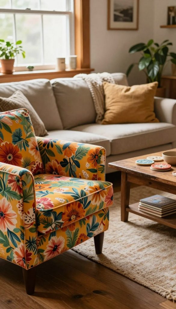 An inviting living room scene featuring upcycled upholstered furniture with a new, vibrant fabric. In the foreground, a stylish armchair reupholstered in bright, floral-patterned fabric sits next to a rustic coffee table adorned with DIY coasters. The middle layer showcases a cozy couch draped with a textured throw, adding warmth and comfort. In the background, a softly illuminated window lets in natural light, highlighting warm wooden elements and houseplants that enhance the atmosphere. The setting exudes a Pinterest-inspired aesthetic with warm colors and an authentic DIY charm, emphasizing the theme of furniture transformation. Include a discreet logo of "KlickKiste" on the coffee table, blending it seamlessly into the natural decor.