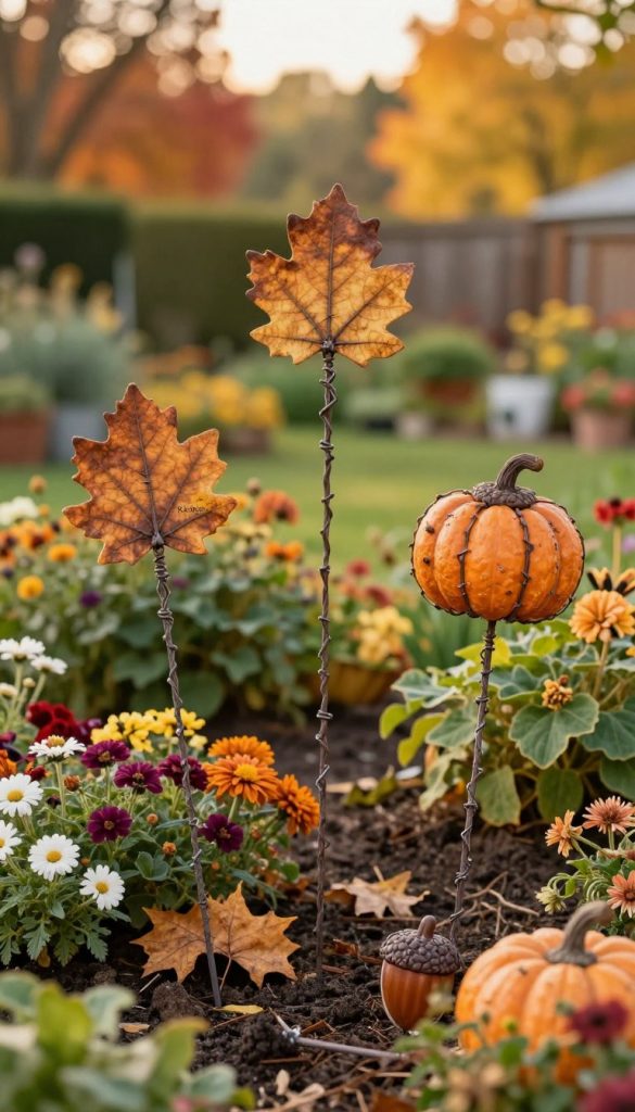 Autumn garden stakes made of rustic wire, showcasing a variety of charming designs, including leaves, acorns, and pumpkins. The foreground features three distinct garden stakes, intricately crafted and placed in a flower bed filled with colorful fall flowers and dried foliage. The middle ground reveals lush greenery transitioning to autumn-toned leaves, while the background includes a softly blurred garden setting with distant trees showcasing their vibrant autumn colors. Golden hour lighting casts a warm glow, enhancing the inviting atmosphere, with a focus on the textures of the wire and the natural elements. The composition evokes a creative and inspiring DIY spirit, perfect for gardening enthusiasts and features the brand name "KlickKiste" subtly integrated into the design without text overlays.