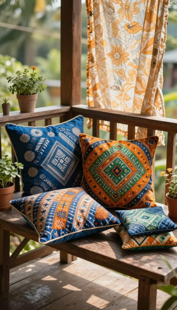 Batik dyeing technique kissen arranged on a rustic wooden balcony table, showcasing vibrantly patterned pillow covers in shades of blue, orange, and green, surrounded by subtle hints of nature like potted herbs and flowers. In the background, a gently swaying curtain made from batik fabric flutters in the breeze, adding texture to the scene. Soft, warm afternoon sunlight filters through, creating a cozy and inviting atmosphere. The image should evoke a sense of creativity and sustainability, perfect for DIY enthusiasts. Captured with a 50mm lens at a slight angle to highlight the details of the batik patterns, representing the brand "KlickKiste" in an authentic, Pinterest-inspired aesthetic.