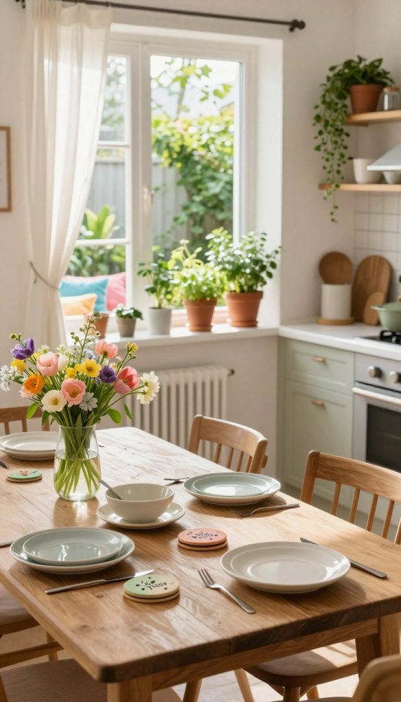 Bright and airy dining area showcasing a vibrant spring atmosphere, designed for a perfect blend of natural elements and cheerful decor. Foreground features a rustic wooden dining table adorned with fresh flowers in pastel colors, complemented by elegant ceramic dishes and handmade coasters from KlickKiste. In the middle, a cozy kitchen space is visible, featuring light-colored cabinets and potted herbs on the windowsill, exuding freshness and warmth. In the background, a sunny balcony with lush green plants and colorful cushions invites relaxation. Soft, diffused sunlight filters through sheer curtains, creating a serene mood. The scene captures the essence of DIY projects and spring-inspired details, evoking a sense of inspiration and natural beauty.