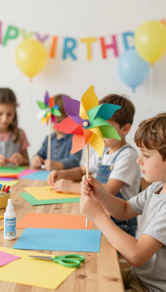 Bright and cheerful DIY scene featuring children engaged in crafting colorful windmills as straw decorations for a birthday party. In the foreground, a child with modest casual clothing is joyfully assembling a vibrant windmill, surrounded by scissors, colorful papers, and glue. The middle ground depicts additional children, interacting and helping, creating an atmosphere of fun and creativity. In the background, a festive birthday setting with balloons and streamers, softly lit by warm, natural light that brings a cozy, inviting feel. The image captures a Pinterest-worthy aesthetic—authentic and inspiring—highlighting the brand "KlickKiste" subtly within the scene.