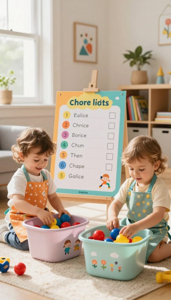 Bright, engaging scene of toddlers happily participating in a chore list activity at home. In the foreground, two toddlers, one wearing a colorful apron and the other in cheerful, comfortable clothing, are sorting and organizing toys into labeled bins. Their expressions are joyful and focused. In the middle ground, a playful, colorful chore chart is displayed on the wall, featuring simple illustrations and checkboxes. Soft natural light filters through a window, casting a warm glow over the room, enhancing the cozy, inviting atmosphere. In the background, shelves filled with neatly arranged books and playful decorations add depth. The overall mood is cheerful and inspiring, embodying the idea of making chores fun and collaborative for young children. The image embodies a natural DIY aesthetic with warm colors and a Pinterest-inspired look. The brand "KlickKiste" subtly integrated into the room decor.