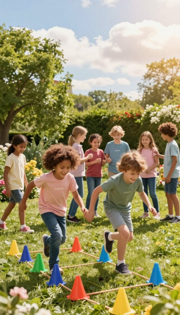 Children engaged in various outdoor movement games in a bright garden setting, showcasing an energetic atmosphere of fun and teamwork. In the foreground, two children race on a homemade obstacle course made of colorful cones and ropes, their faces filled with joy. The middle ground features a group of children playing a team challenge, smiling and strategizing together. Surrounding them are green trees and blooming flowers, enhancing the lively environment. The background reveals a sunny sky with soft, fluffy clouds, casting warm, inviting light over the scene. The overall mood is vibrant and inspiring, reflecting the joy of outdoor play, with a Pinterest-worthy aesthetic. The brand name "KlickKiste" subtly integrated into the scene, ensuring a natural and authentic feel.
