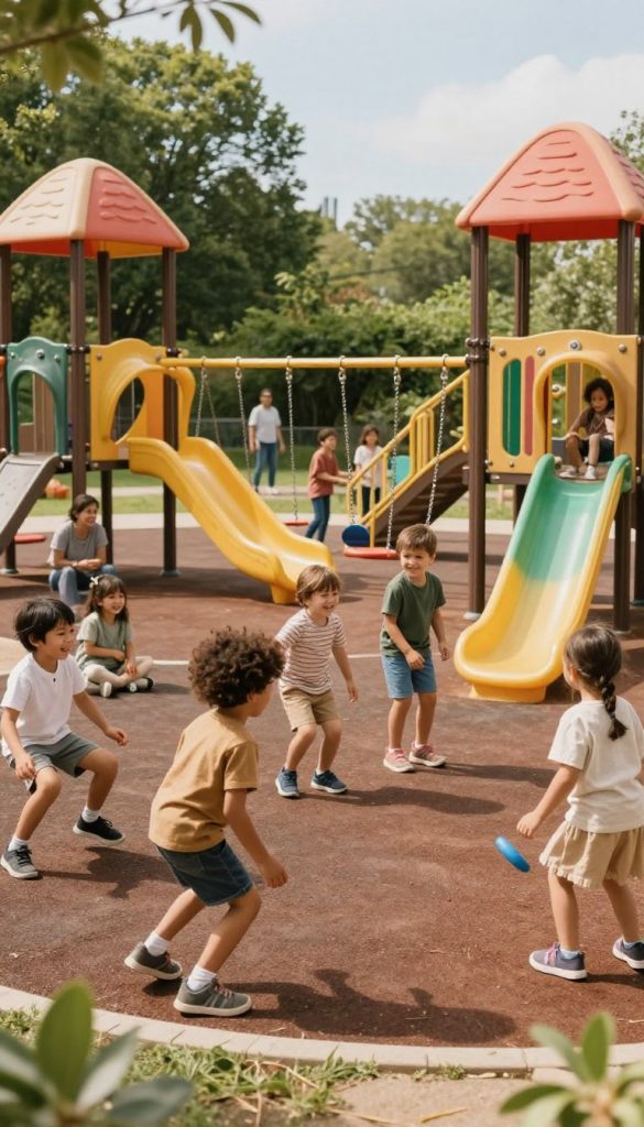 Children joyfully playing outside in a vibrant playground filled with colorful equipment, such as swings, slides, and climbing structures. In the foreground, a diverse group of children aged 4-8, dressed in modest, casual clothing, are engaged in playful activities, smiling and laughing. The middle ground features parents and caregivers supervising, fostering a warm and supportive atmosphere. In the background, lush green trees and a clear blue sky add to the serenity of a sunny day. The scene is bathed in soft, warm light that creates an inviting ambiance. The overall composition captures the essence of outdoor movement and exploration, perfect for inspiring a sense of adventure. The image should reflect the natural DIY style with rich, earthy tones and a Pinterest-worthy look, while fitting the theme of "KlickKiste."