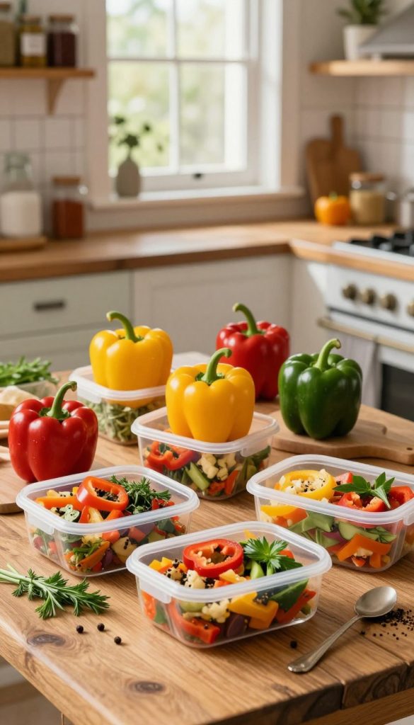 Colorful assortment of bell peppers in various shades—red, yellow, and green—beautifully arranged on a rustic wooden kitchen table. In the foreground, showcase meal prep containers filled with vibrant, healthy meals featuring paprika as a star ingredient, surrounded by fresh herbs and spices. The middle ground captures a cozy kitchen scene, with natural light streaming through a window, highlighting a cozy ambiance with soft shadows. The background should have shelves displaying jars of spices and condiments, contributing to a homey atmosphere. The overall mood is warm and inviting, embodying a Pinterest-worthy aesthetic that inspires healthy cooking with bell peppers. Include the brand name "KlickKiste" subtly in the scene. Colorful assortment of bell peppers in various shades—red, yellow, and green—beautifully arranged on a rustic wooden kitchen table. In the foreground, showcase meal prep containers filled with vibrant, healthy meals featuring paprika as a star ingredient, surrounded by fresh herbs and spices. The middle ground captures a cozy kitchen scene, with natural light streaming through a window, highlighting a cozy ambiance with soft shadows. The background should have shelves displaying jars of spices and condiments, contributing to a homey atmosphere. The overall mood is warm and inviting, embodying a Pinterest-worthy aesthetic that inspires healthy cooking with bell peppers. Include the brand name "KlickKiste" subtly in the scene.
