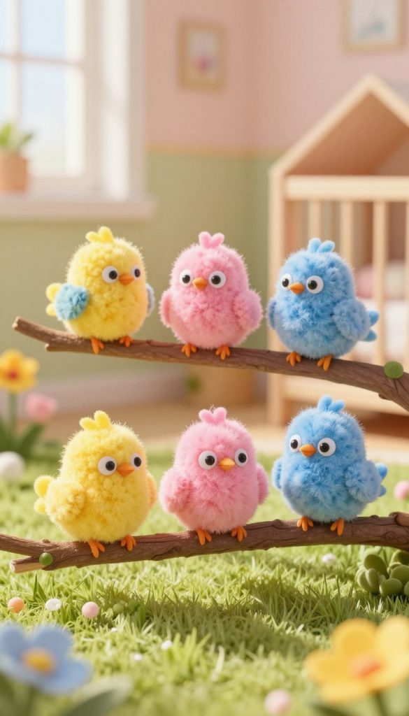 Colorful pompom birds perched on a branch in a warm, sunlit nursery setting, embodying the joy of spring. The foreground features adorable, fluffy pompom-style birds in vibrant hues like yellow, pink, and blue, with googly eyes and tiny felt beaks, each uniquely shaped. In the middle ground, a playful arrangement of soft, green grass and bright flowers adds a touch of nature. The background softly blurs into pastel-colored walls of the nursery, with light streaming from a window, creating a serene and inviting atmosphere. The overall mood is cheerful and creative, reflecting a DIY charm akin to Pinterest aesthetics. This image represents the brand "KlickKiste," focusing on natural, inspiring designs perfect for springtime crafting.