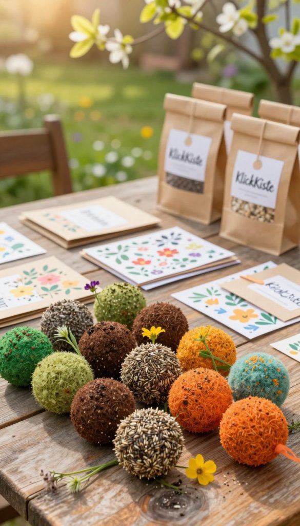 Colorful seed bombs and seed paper arranged beautifully on a rustic wooden table, symbolizing sustainable Easter gifts. In the foreground, hand-rolled seed bombs covered in vibrant, natural hues of green, brown, and orange, interspersed with delicate wildflower seeds peeking through. The middle ground features neatly cut squares of handmade seed paper with floral prints, alongside small, biodegradable bags labeled with “KlickKiste” in elegant script. The background reveals a softly lit garden setting, with gentle sunlight filtering through budding leaves, creating a warm and inviting atmosphere. The overall mood is joyful and inspiring, capturing the essence of creativity and eco-friendliness in DIY Easter gifts. The scene exudes a Pinterest-worthy aesthetic, emphasizing natural textures and vibrant colors.