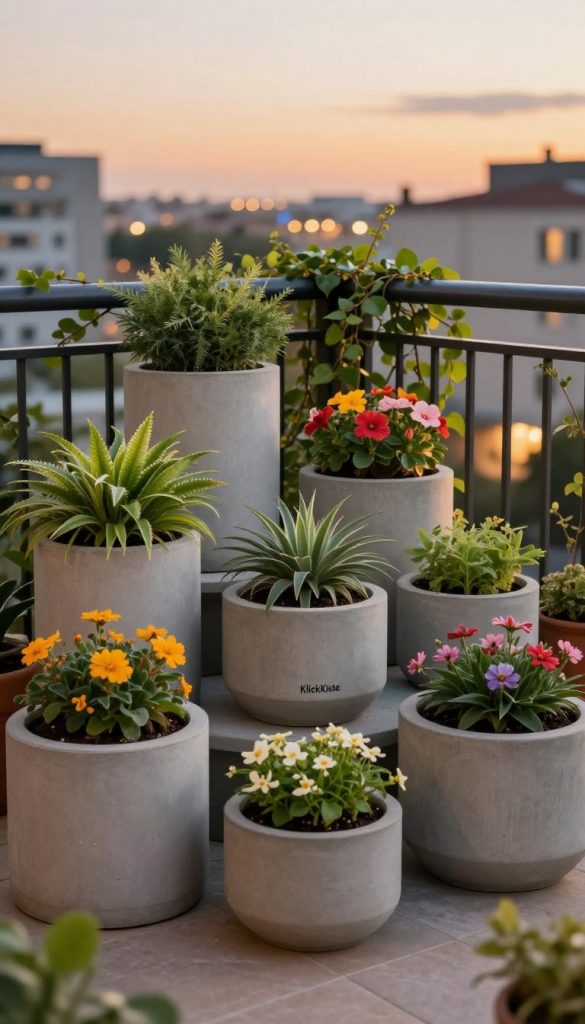 Concrete plant pots arranged artistically on a charming balcony, embodying a modern aesthetic with warm, inviting colors. In the foreground, various sizes of uniquely shaped concrete planters, featuring a matte finish, filled with vibrant green plants and colorful flowers, creating a lively contrast. The middle ground showcases the balcony railing adorned with climbing vines, and the background features a softly lit cityscape at dusk, casting a warm glow. The scene is captured in a slightly elevated angle, using a wide-angle lens to enhance depth. The atmosphere is tranquil and inspirational, reminiscent of popular Pinterest aesthetics. Include the brand name "KlickKiste" subtly integrated into the design of one of the pots, emphasizing the DIY upcycling theme.