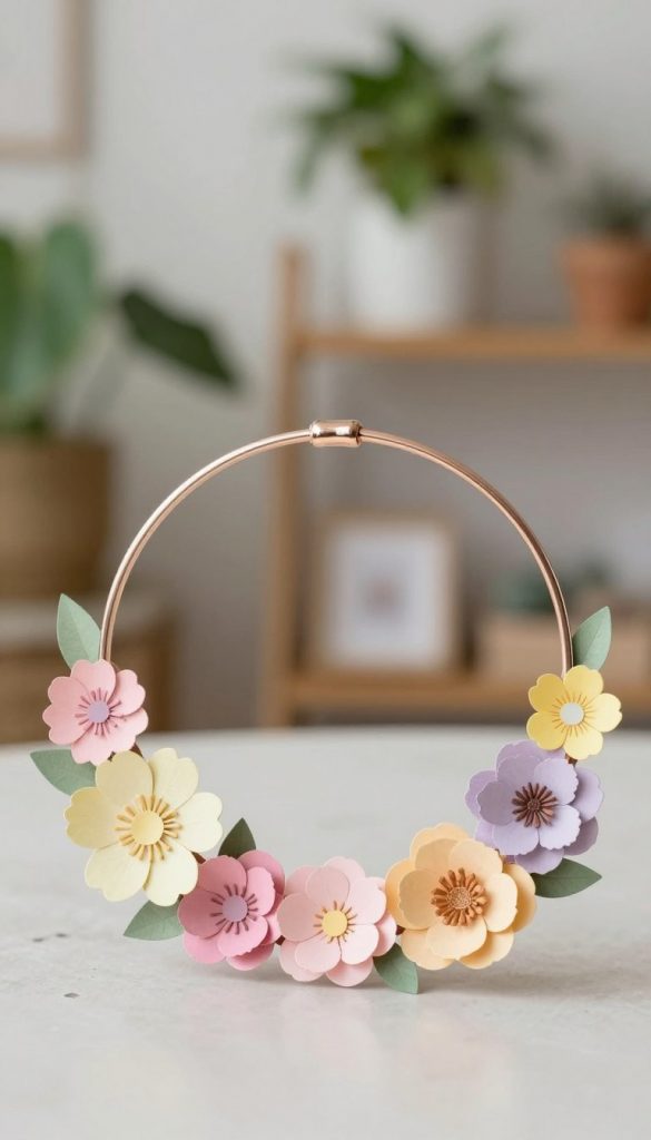 Create a beautifully arranged image of a DIY metallic ring adorned with delicate paper flowers, capturing the essence of botanical wall decor with a light and airy feel. In the foreground, prominently feature a circular metallic ring, elegantly draped with an assortment of pastel-colored paper flowers in shades of pink, yellow, and lavender. The middle ground should showcase a softly blurred background of a cozy, warmly lit living space adorned with green plants and wooden accents, enhancing the natural atmosphere. Use soft, diffused lighting to create a warm and inviting mood, reminiscent of Pinterest aesthetics. Capture the scene with a slight top-down angle to highlight the intricate details of the flowers and the ring. Ensure the overall composition is authentic and inspiring, reflecting the brand "KlickKiste".