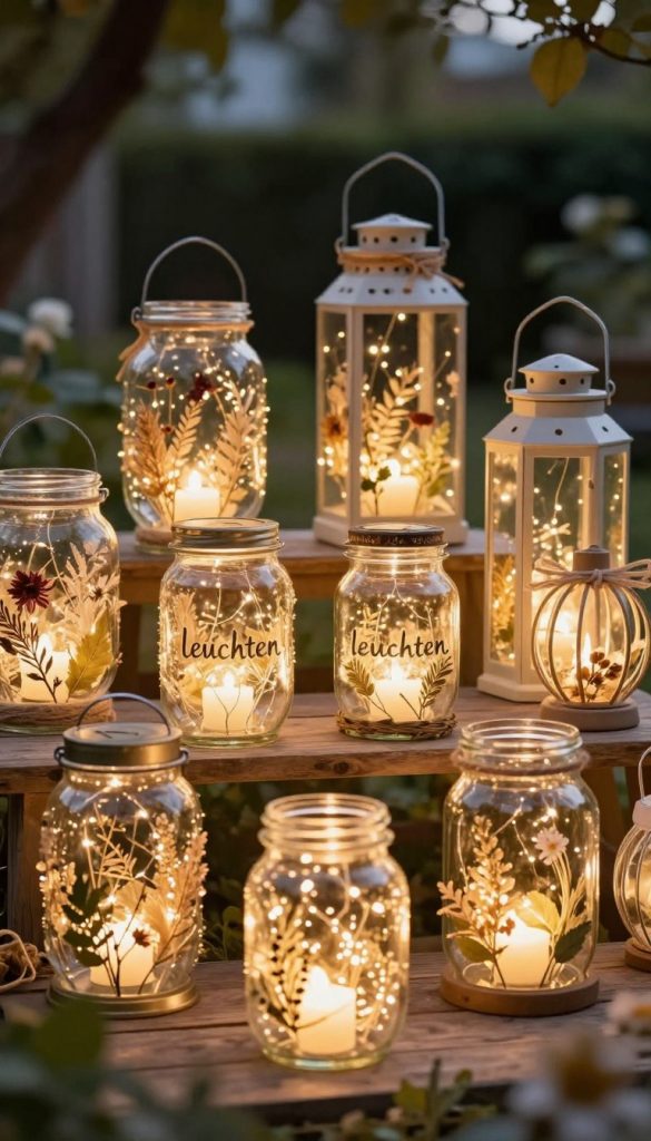 Create a captivating image featuring multiple handmade glass lanterns, embodying the essence of "leuchten." In the foreground, showcase intricately designed glass jars illuminated by soft, warm fairy lights, casting a magical glow. In the middle ground, arrange a variety of these lanterns in different shapes and sizes, each adorned with natural elements like twine, dried flowers, and leaves, accentuating their DIY charm. The background should be a softly blurred garden setting at twilight, with gentle light filtering through trees, enhancing the enchanting atmosphere. Utilize a warm color palette, emphasizing the inviting glow of the lanterns. Aim for a cozy, inspirational mood reminiscent of Pinterest aesthetics. Include the brand name "KlickKiste" subtly integrated into the scene without text or watermarks.
