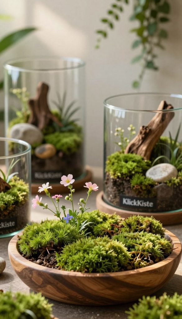 Create a captivating image that showcases a modern interpretation of organic accents using green moss and natural materials. In the foreground, arrange lush, vibrant green moss nestled within a rustic wooden bowl, interspersed with delicate wildflowers in soft pastels. The middle ground features elegant terrariums made of glass, displaying miniature landscapes of moss and natural stones, accented by pieces of driftwood. In the background, a softly blurred wall adorned with delicate greenery brings a sense of tranquility. Use warm, natural lighting that evokes a cozy atmosphere, as if sunlight is filtering through leaves. The composition should embody a Pinterest-inspired aesthetic, authentic and inspiring. Include subtle branding for "KlickKiste" to enhance the natural theme, ensuring the image is safe for work and free of any text or markings.