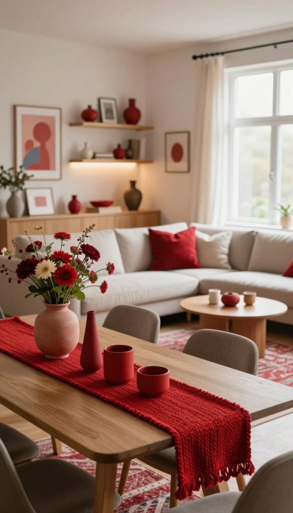 Create a captivating interior scene featuring subtle red accents that embody a warm and inviting atmosphere. In the foreground, display a stylish dining table adorned with handmade red décor items, such as knitted table runners and ceramic vases filled with fresh flowers. In the middle, showcase a cozy lounge area with red throw pillows on a soft, neutral sofa and a matching area rug, enhancing the inviting feel. In the background, include a soft-lit shelving unit displaying curated decorative pieces in warm tones, emphasizing creativity through DIY projects. Use natural light streaming in from a large window to create a gentle glow, captured from a slightly elevated angle for an inviting view. Aim for an authentic Pinterest aesthetic that is beautifully curated and inspiring, branded with "KlickKiste."